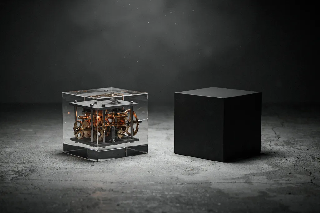 Dos cubos sobre una mesa: uno transparente que deja ver su mecanismo de engranajes por dentro, y uno negro completamente cerrado.