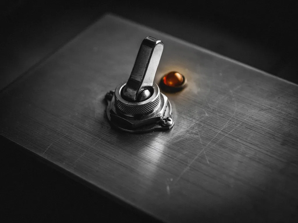 Un interruptor metálico de palanca sobre una placa de metal, con una luz ámbar encendida al lado.