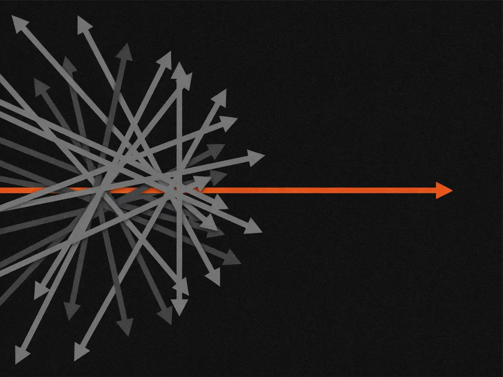 Diagrama: una maraña de flechas grises disparando en todas direcciones, atravesada por una sola flecha naranja que sigue derecho.