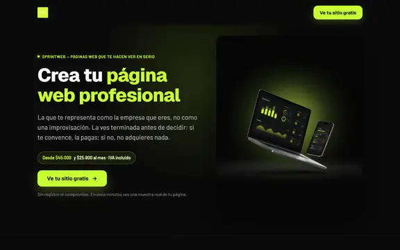 Vista en computador de un sitio de venta de p&aacute;ginas web: titular con acento verde sobre fondo oscuro y una ilustraci&oacute;n de pantallas.
